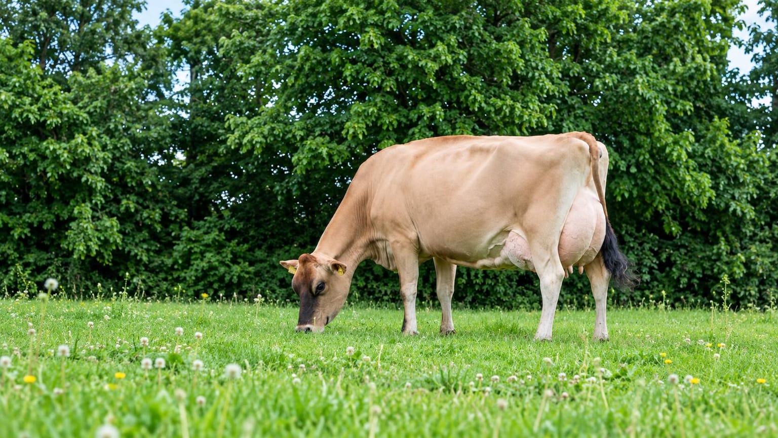 Jersey cow grazing in a green meadow